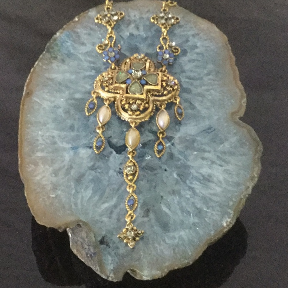 Vtg20”W/3”ExtBrassElaborateCross W/AustCrystMoonst - Picture 5 of 11